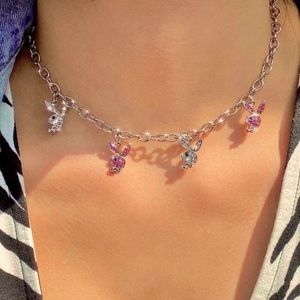 Playboy silver chain necklace with cute rhinestone bunny! pink y2k mcbling alt